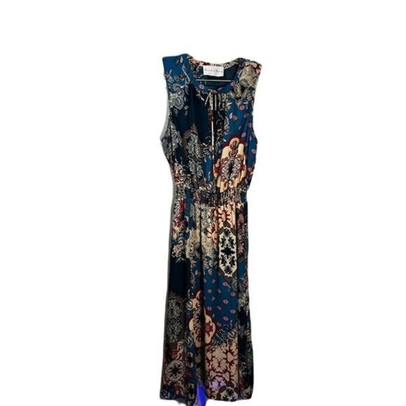 Printed Midi Dress Sleeveless Smocked Waistline Small - Picture 1 of 7